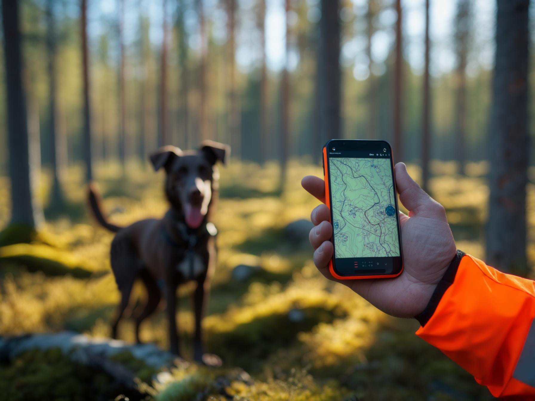 Jägare med hund i skogen som använder LinkAid Eftersök+